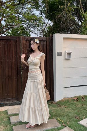 Lightweight One-Shoulder French Top with Ear-Shaped Ruffles and Elastic Long Skirt Set - Perfect for Summer Fashion