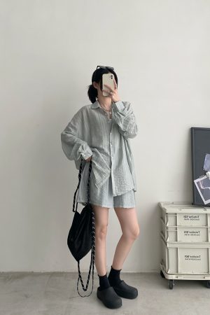 Lightweight Pleated Tencel Cardigan and Shorts Set - Sun Protection Draped Shirt Outfit for Summer Style