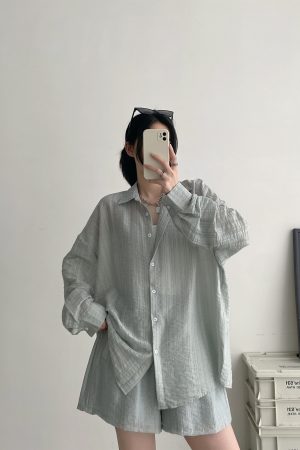 Lightweight Pleated Tencel Cardigan and Shorts Set - Sun Protection Draped Shirt Outfit for Summer Style