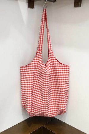 Lightweight Polka Dot Checkered Canvas Shopping Bag - Large Capacity Summer Shoulder Tote - Korean Style Ins Fashion