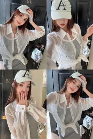 Lightweight Rhinestone Star Cardigan - Women's Sun Protection Tencel Shirt for Spring & Summer, Ultra-Heavy Industrial Design