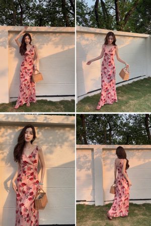 Lightweight Rose Pink Chiffon Dress, Slimming V-Neck High-Waisted Long Dress for Summer Vacation, Elegant Floor-Length Style