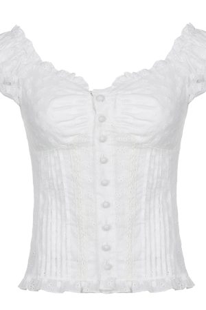 Lightweight Ruffled Chiffon Short Sleeve Women's Pleated Button-Down T-Shirt - Breathable Hollow-Out Design for Slimming Y2K Style