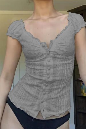 Lightweight Ruffled Chiffon Short Sleeve Women's Pleated Button-Down T-Shirt - Breathable Hollow-Out Design for Slimming Y2K Style