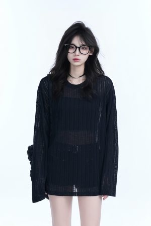 Lightweight Sheer Black Long-Sleeve Cover-Up for Women - American Retro Spring Loose Knit Top