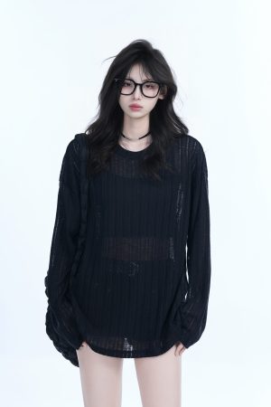 Lightweight Sheer Black Long-Sleeve Cover-Up for Women - American Retro Spring Loose Knit Top