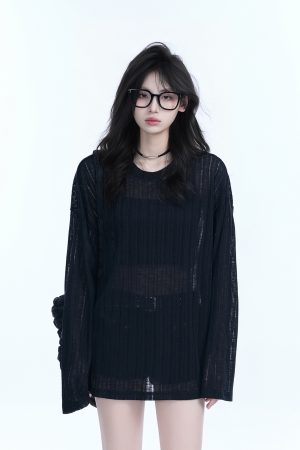 Lightweight Sheer Black Long-Sleeve Cover-Up for Women - American Retro Spring Loose Knit Top