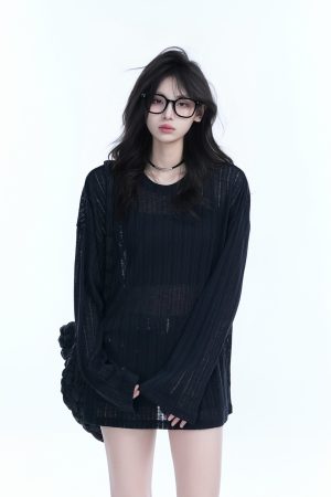 Lightweight Sheer Black Long-Sleeve Cover-Up for Women - American Retro Spring Loose Knit Top