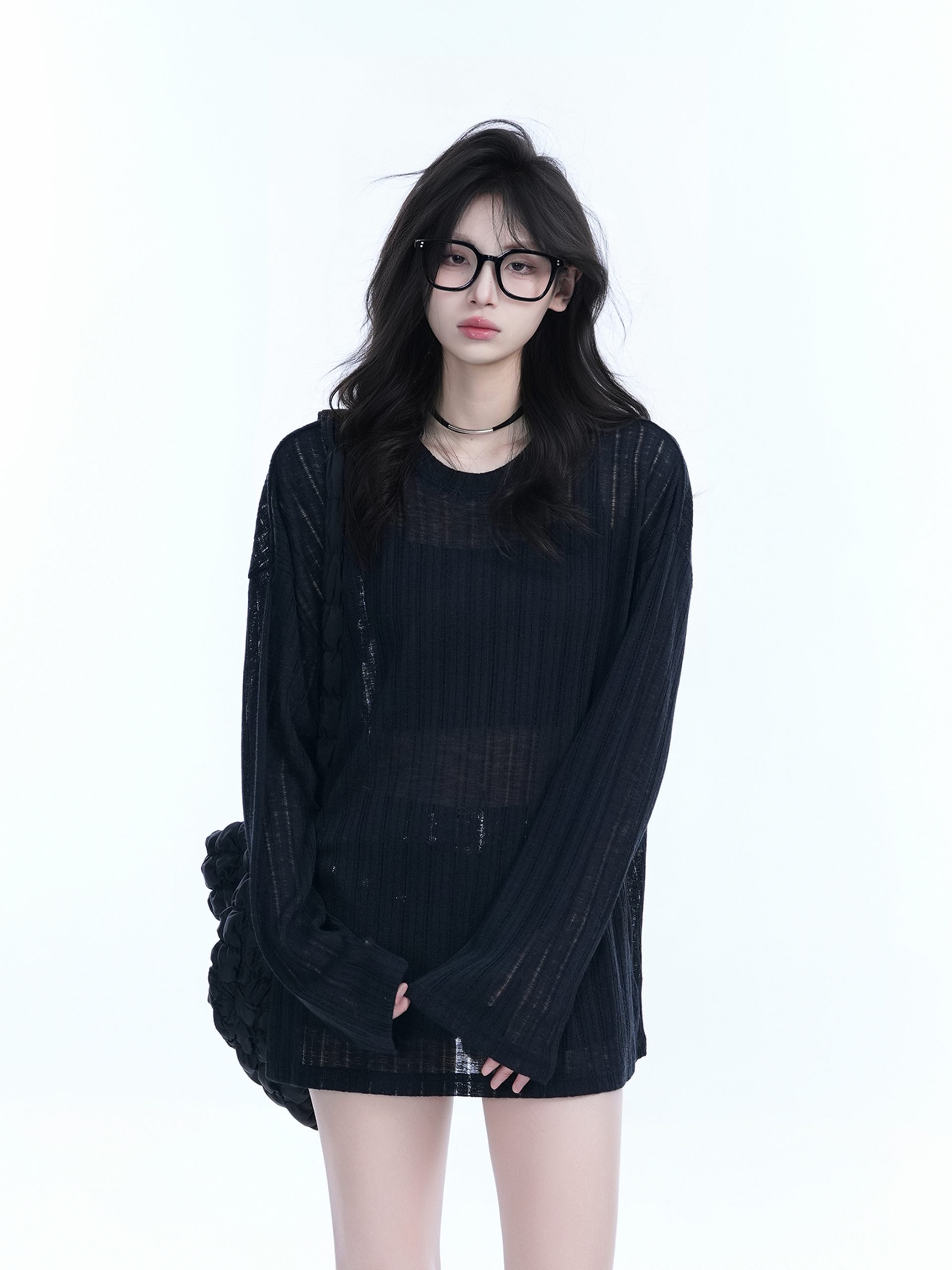 Lightweight Sheer Black Long-Sleeve Cover-Up for Women - American Retro Spring Loose Knit Top Lightweight Sheer Black Long-Sleeve Cover-Up for Women - American Retro Spring Loose Knit Top