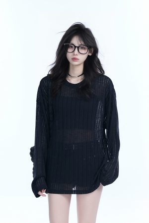 Lightweight Sheer Black Long-Sleeve Cover-Up for Women - American Retro Spring Loose Knit Top