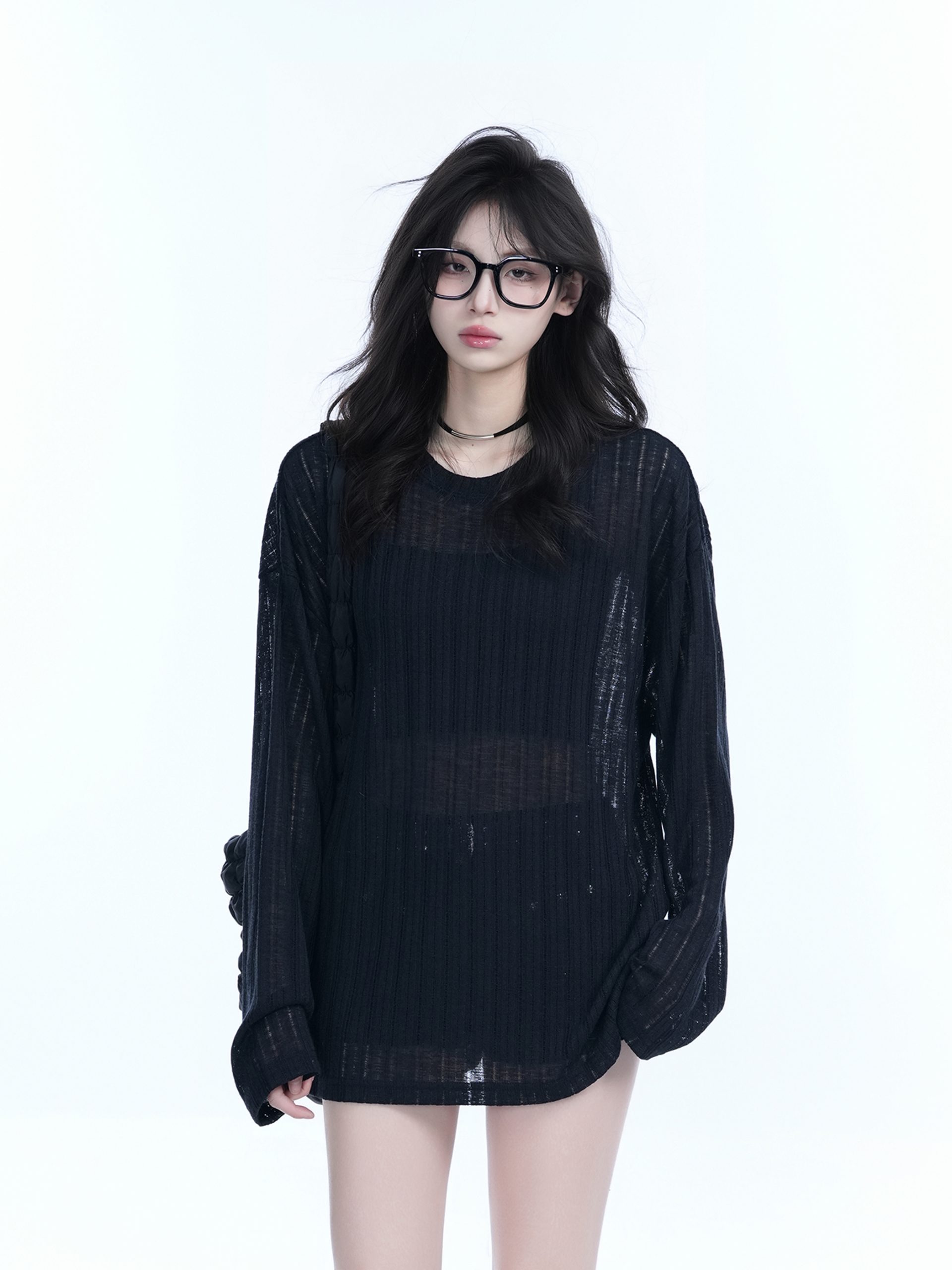 Lightweight Sheer Black Long-Sleeve Cover-Up for Women - American Retro Spring Loose Knit Top Lightweight Sheer Black Long-Sleeve Cover-Up for Women - American Retro Spring Loose Knit Top