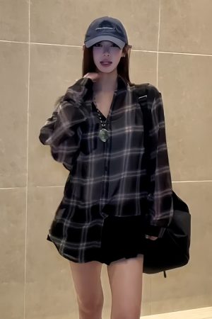 Lightweight Sheer Long Sleeve Plaid Shirt Jacket for Women - American Style Loose Top for Spring and Summer Fashion