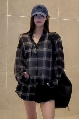 Lightweight Sheer Long Sleeve Plaid Shirt Jacket for Women - American Style Loose Top for Spring and Summer Fashion