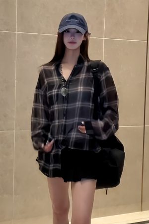Lightweight Sheer Long Sleeve Plaid Shirt Jacket for Women - American Style Loose Top for Spring and Summer Fashion