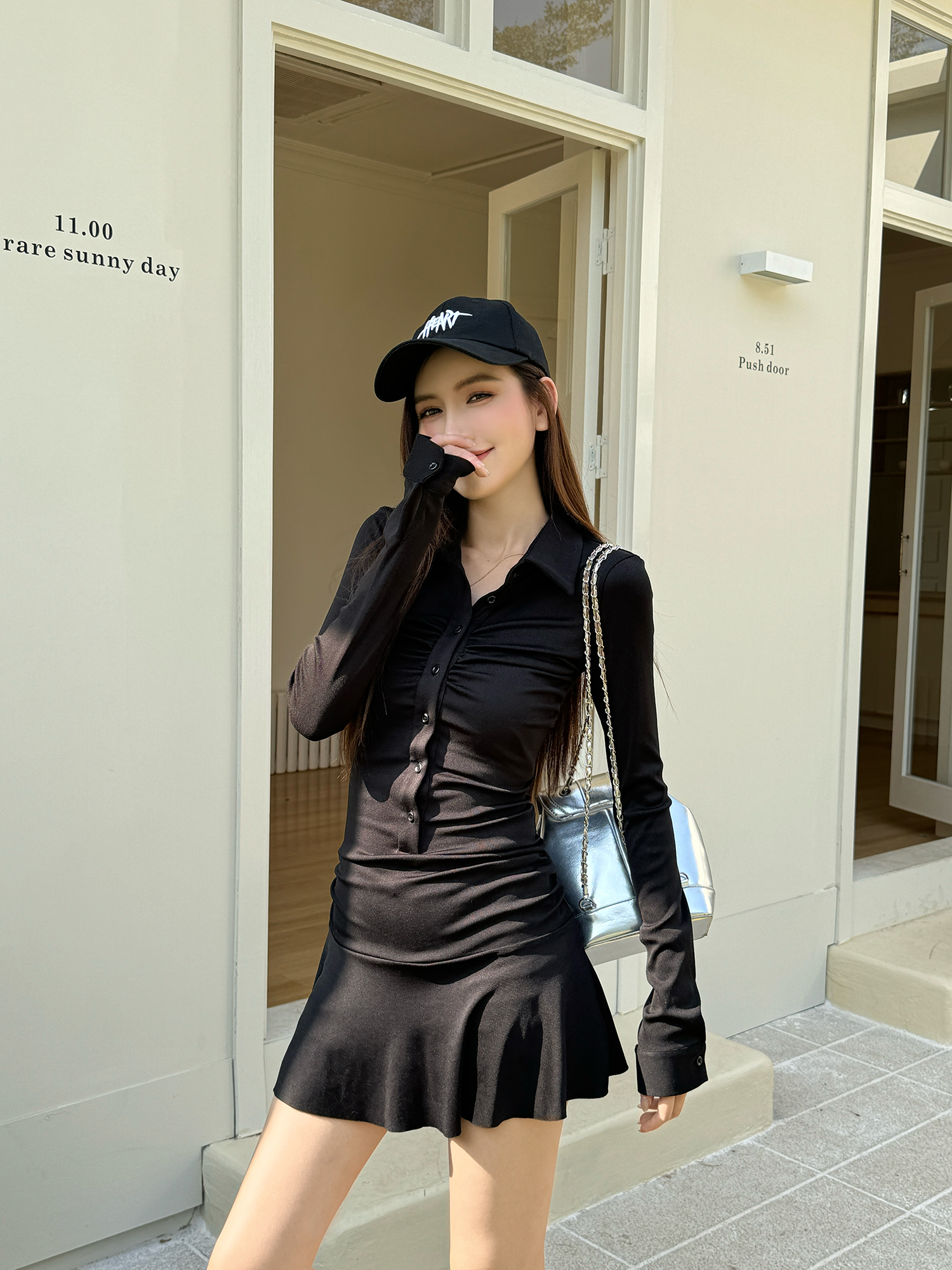 Lightweight Sporty Slim Waist Pleated A-Line Dress for Women, Spring Polo Collar Long Sleeve Style, Casual Chic Look Lightweight Sporty Slim Waist Pleated A-Line Dress for Women, Spring Polo Collar Long Sleeve Style, Casual Chic Look