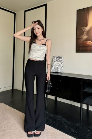 Lightweight Summer High-Waisted One-Button Slim-Fit Stretchy Floor-Length Flared Pants
