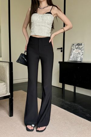 Lightweight Summer High-Waisted One-Button Slim-Fit Stretchy Floor-Length Flared Pants