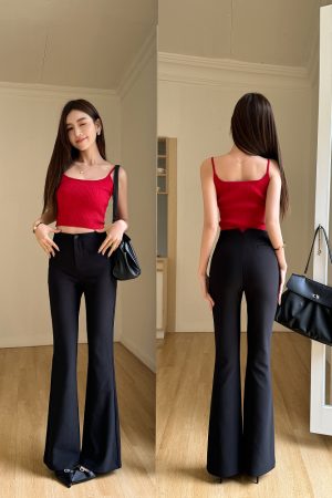 Lightweight Summer High-Waisted One-Button Slim-Fit Stretchy Floor-Length Flared Pants