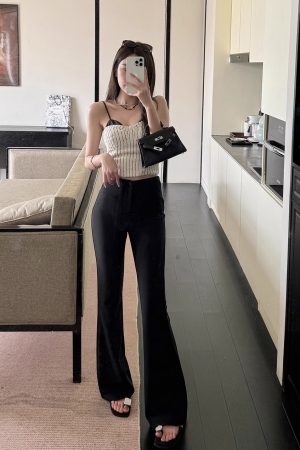 Lightweight Summer High-Waisted One-Button Slim-Fit Stretchy Floor-Length Flared Pants