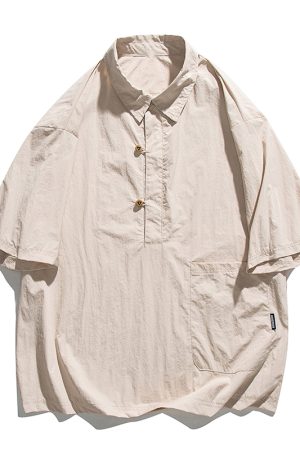 Lightweight Summer Japanese-Style Solid Color Polo Shirt for Men and Women - Retro Pocket Half-Sleeve Outdoor Trend