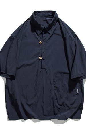 Lightweight Summer Japanese-Style Solid Color Polo Shirt for Men and Women - Retro Pocket Half-Sleeve Outdoor Trend