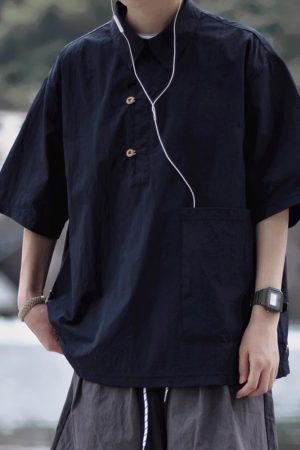 Lightweight Summer Japanese-Style Solid Color Polo Shirt for Men and Women - Retro Pocket Half-Sleeve Outdoor Trend