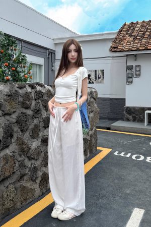 Lightweight Tencel Cotton Linen Wide-Leg Pants for Women - Breathable Mid-Waist Loose Fit Casual Trousers for Spring Summer