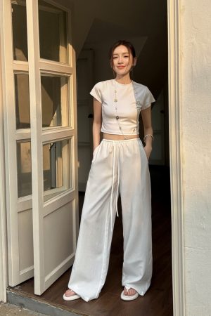 Lightweight Tencel Cotton Linen Wide-Leg Pants for Women - Breathable Mid-Waist Loose Fit Casual Trousers for Spring Summer