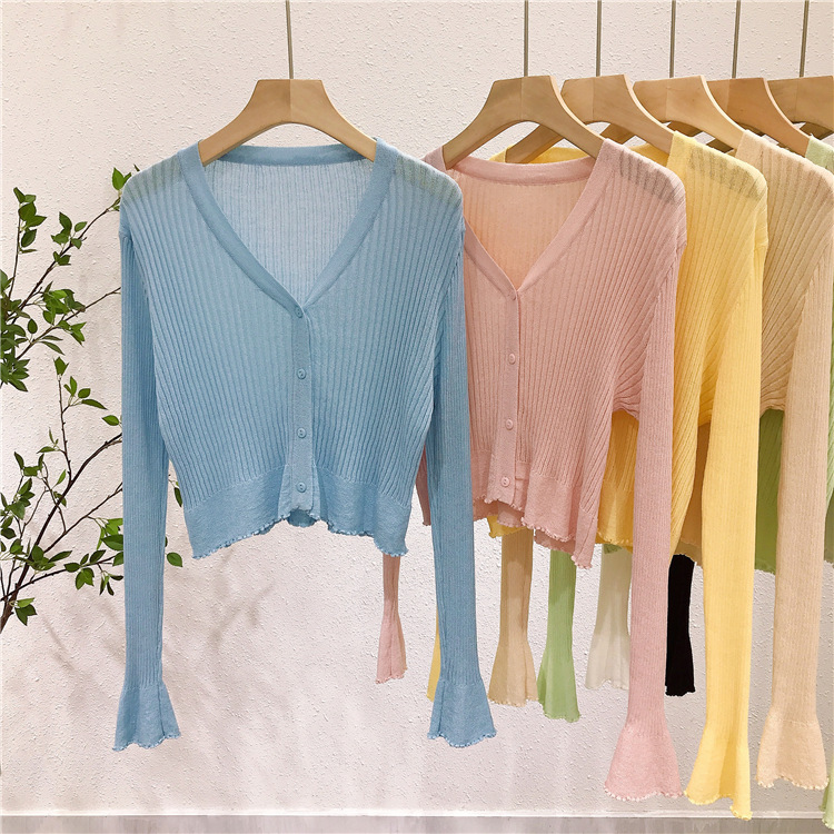 Lightweight V-Neck Knit Cardigan, Ribbed Ice Silk Short Outerwear, Sun Protection Cover-Up Top for Spring and Summer Fashion Lightweight V-Neck Knit Cardigan, Ribbed Ice Silk Short Outerwear, Sun Protection Cover-Up Top for Spring and Summer Fashion