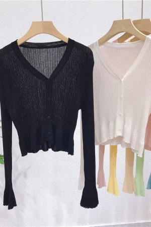 Lightweight V-Neck Knit Cardigan, Ribbed Ice Silk Short Outerwear, Sun Protection Cover-Up Top for Spring and Summer Fashion