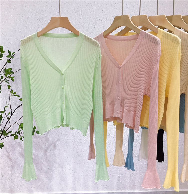 Lightweight V-Neck Knit Cardigan, Ribbed Ice Silk Short Outerwear, Sun Protection Cover-Up Top for Spring and Summer Fashion Lightweight V-Neck Knit Cardigan, Ribbed Ice Silk Short Outerwear, Sun Protection Cover-Up Top for Spring and Summer Fashion