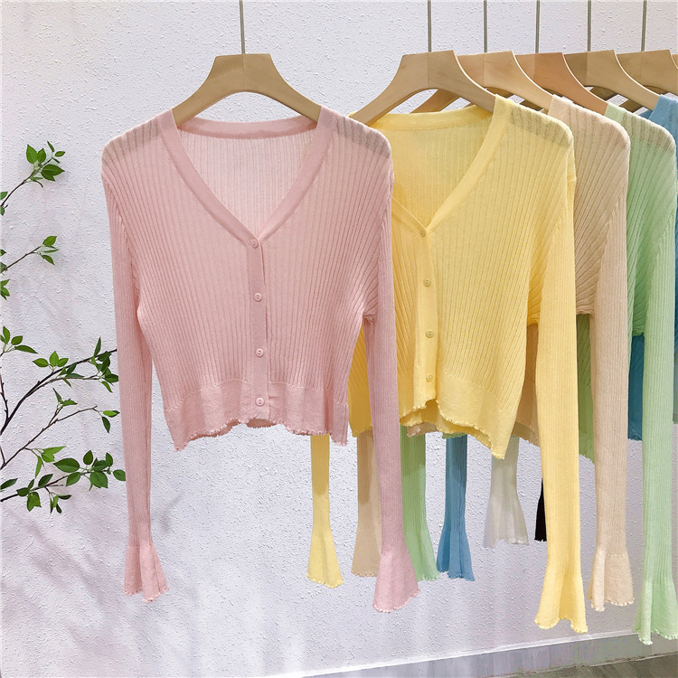 Lightweight V-Neck Knit Cardigan, Ribbed Ice Silk Short Outerwear, Sun Protection Cover-Up Top for Spring and Summer Fashion Lightweight V-Neck Knit Cardigan, Ribbed Ice Silk Short Outerwear, Sun Protection Cover-Up Top for Spring and Summer Fashion