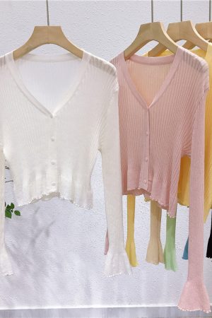 Lightweight V-Neck Knit Cardigan, Ribbed Ice Silk Short Outerwear, Sun Protection Cover-Up Top for Spring and Summer Fashion