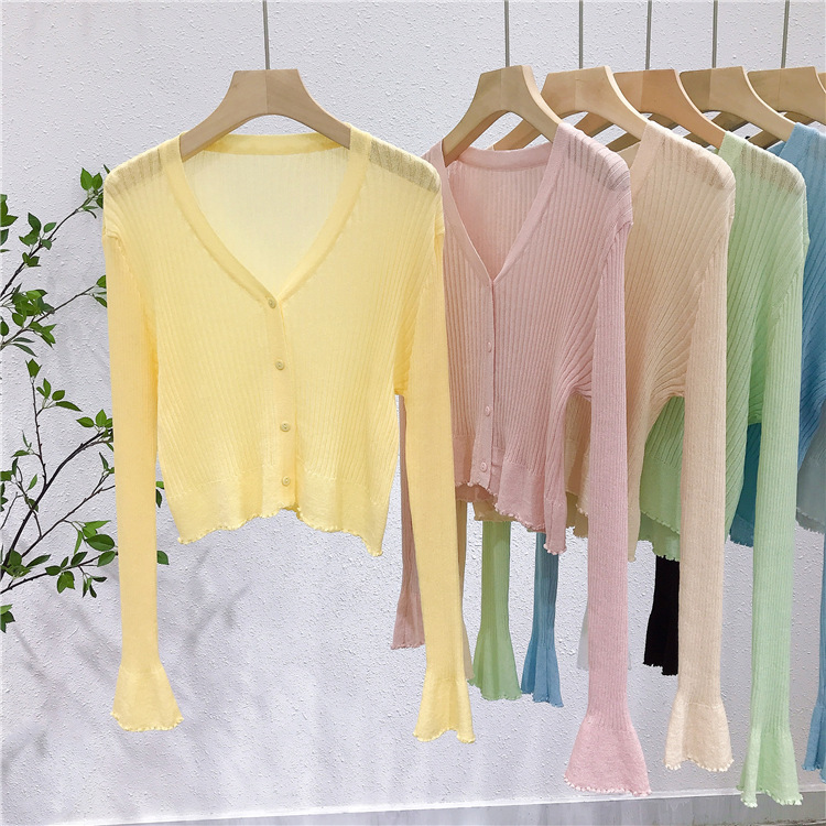 Lightweight V-Neck Knit Cardigan, Ribbed Ice Silk Short Outerwear, Sun Protection Cover-Up Top for Spring and Summer Fashion Lightweight V-Neck Knit Cardigan, Ribbed Ice Silk Short Outerwear, Sun Protection Cover-Up Top for Spring and Summer Fashion