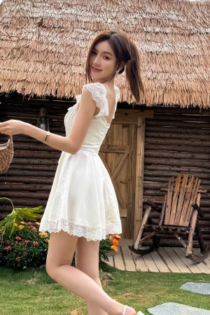 Lightweight White Lace Spaghetti Strap Dress for Women - Summer French Style with Waist-Cinching Design and Flared Short Skirt