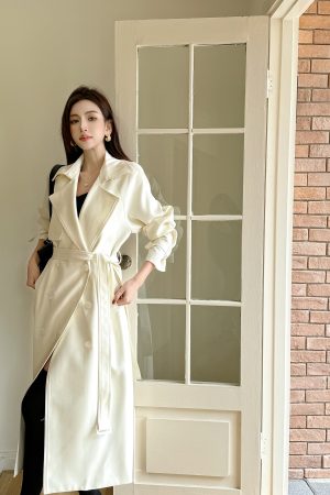 Lightweight White Mid-Length Trench Coat 2025, Casual Drape, Belted Double-Breasted Design, Chic Everyday Outerwear