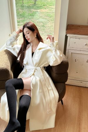 Lightweight White Mid-Length Trench Coat 2025, Casual Drape, Belted Double-Breasted Design, Chic Everyday Outerwear