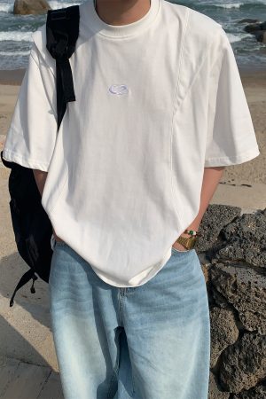 Loose American Cut Letter Embroidered Shoulder T-Shirt - Casual Short Sleeve Top for Mid-Summer Style, Cool Feel, Trendy Fashion