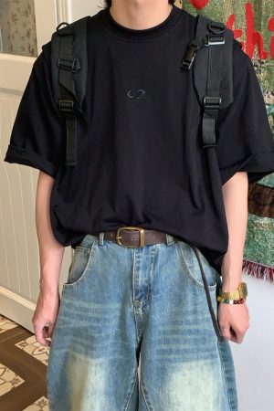 Loose American Cut Letter Embroidered Shoulder T-Shirt - Casual Short Sleeve Top for Mid-Summer Style, Cool Feel, Trendy Fashion