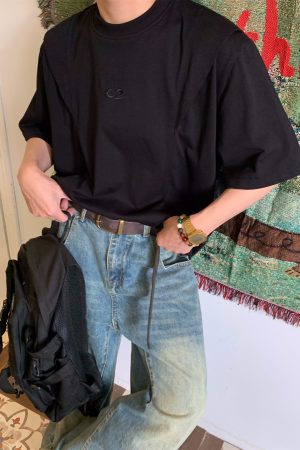 Loose American Cut Letter Embroidered Shoulder T-Shirt - Casual Short Sleeve Top for Mid-Summer Style, Cool Feel, Trendy Fashion