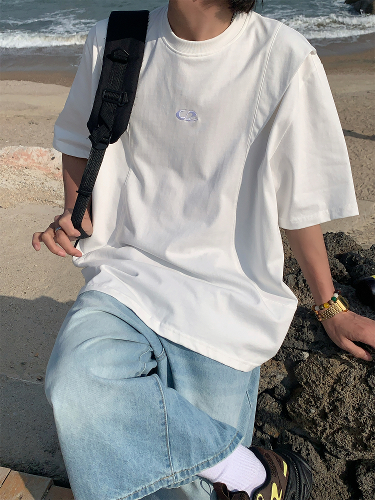 Loose American Cut Letter Embroidered Shoulder T-Shirt - Casual Short Sleeve Top for Mid-Summer Style, Cool Feel, Trendy Fashion Loose American Cut Letter Embroidered Shoulder T-Shirt - Casual Short Sleeve Top for Mid-Summer Style, Cool Feel, Trendy Fashion