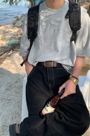 Loose American Cut Letter Embroidered Shoulder T-Shirt - Casual Short Sleeve Top for Mid-Summer Style, Cool Feel, Trendy Fashion