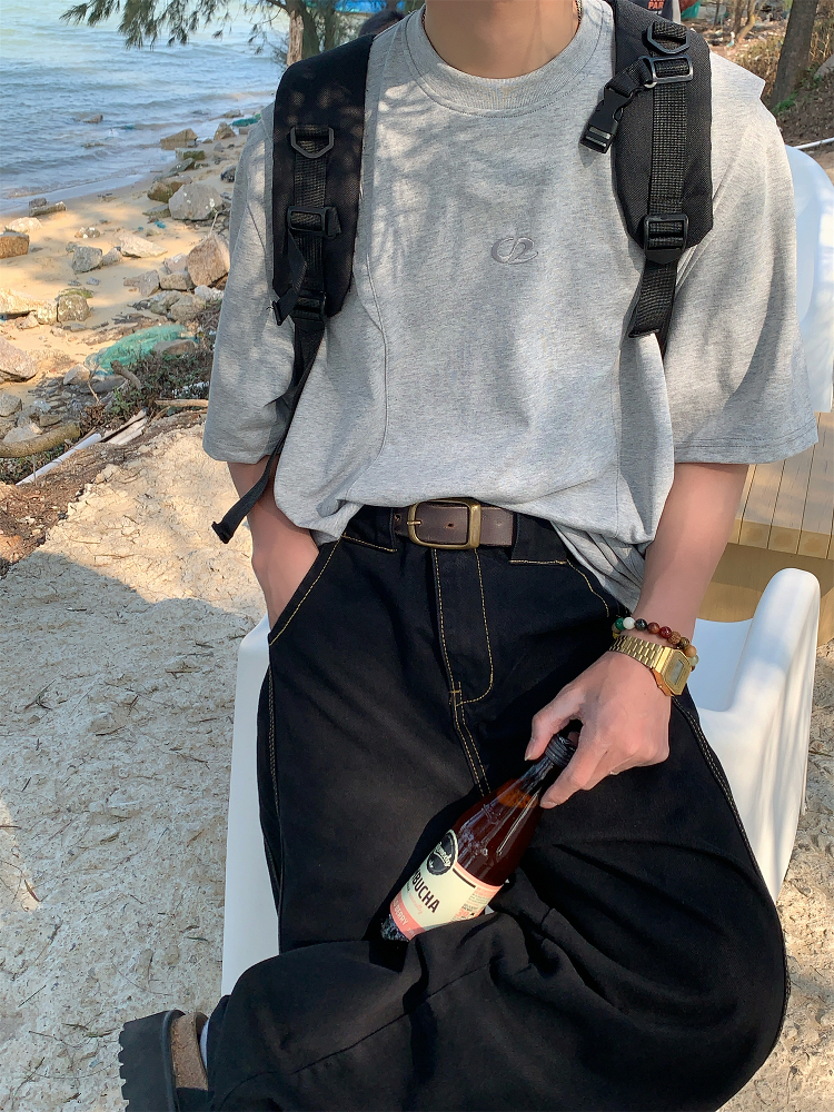 Loose American Cut Letter Embroidered Shoulder T-Shirt - Casual Short Sleeve Top for Mid-Summer Style, Cool Feel, Trendy Fashion Loose American Cut Letter Embroidered Shoulder T-Shirt - Casual Short Sleeve Top for Mid-Summer Style, Cool Feel, Trendy Fashion