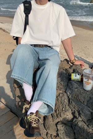 Loose American Cut Letter Embroidered Shoulder T-Shirt - Casual Short Sleeve Top for Mid-Summer Style, Cool Feel, Trendy Fashion