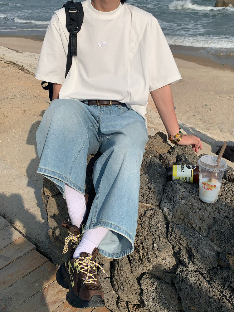 Loose American Cut Letter Embroidered Shoulder T-Shirt - Casual Short Sleeve Top for Mid-Summer Style, Cool Feel, Trendy Fashion Loose American Cut Letter Embroidered Shoulder T-Shirt - Casual Short Sleeve Top for Mid-Summer Style, Cool Feel, Trendy Fashion