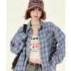 Loose Blue Plaid Shirt Jacket for Women - American College Style, Autumn Collection, Age-Reducing Casual Top