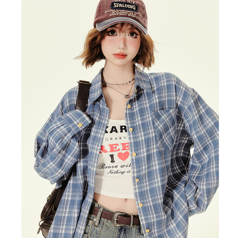 Loose Blue Plaid Shirt Jacket for Women - American College Style, Autumn Collection, Age-Reducing Casual Top Loose Blue Plaid Shirt Jacket for Women - American College Style, Autumn Collection, Age-Reducing Casual Top