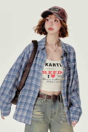 Loose Blue Plaid Shirt Jacket for Women - American College Style, Autumn Collection, Age-Reducing Casual Top