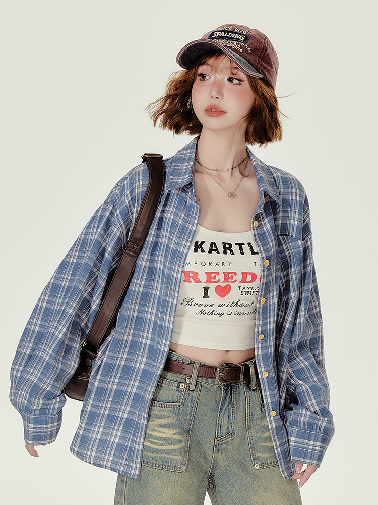Loose Blue Plaid Shirt Jacket for Women - American College Style, Autumn Collection, Age-Reducing Casual Top Loose Blue Plaid Shirt Jacket for Women - American College Style, Autumn Collection, Age-Reducing Casual Top