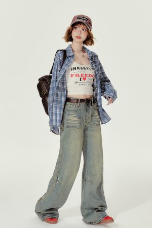 Loose Blue Plaid Shirt Jacket for Women - American College Style, Autumn Collection, Age-Reducing Casual Top